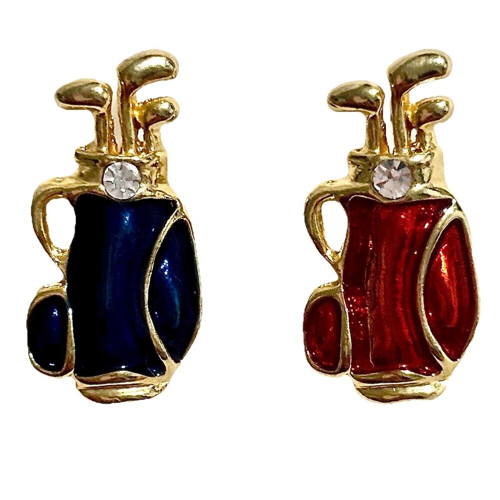Vintage Golf Bag Enamel Pins Red Blue Gold Tone Rhinestone Lapel Pin Pair